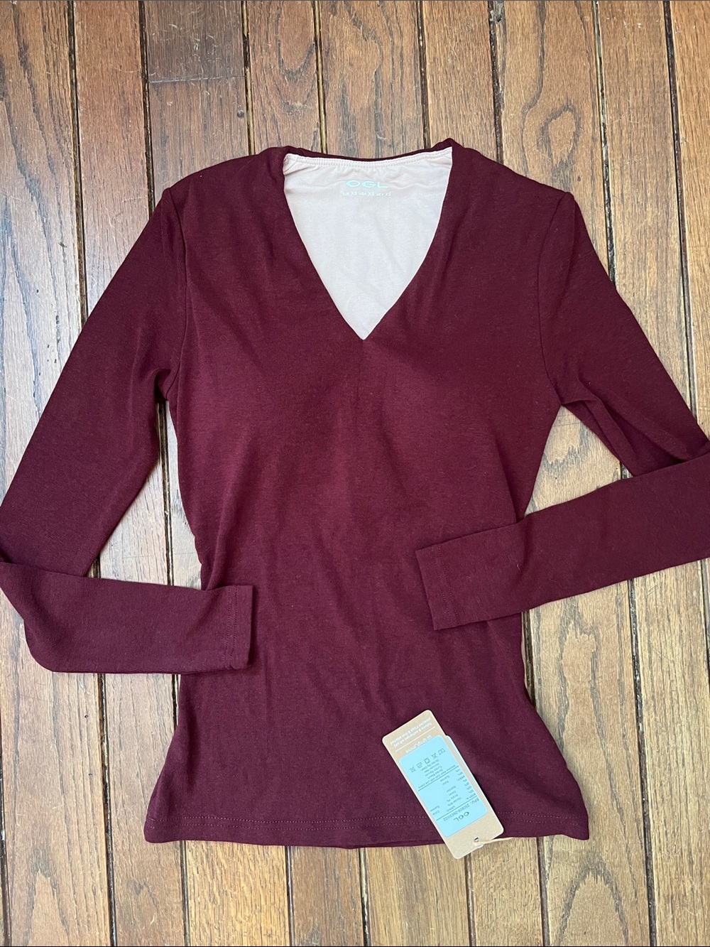 OGL Burgundy Red V-neck Long Sleeve Bra Top Eco Mousse Size XS New With Tags NWT